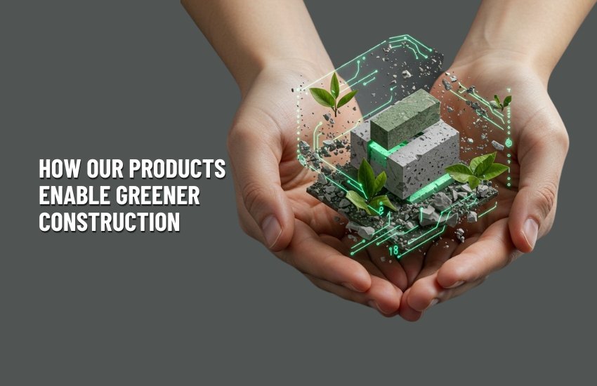 Two hands gently hold a futuristic digital representation of eco-friendly construction materials, including green bricks and plants growing from concrete blocks, symbolizing sustainability and innovation. The background is dark gray, with the overlaid text reading: "How Our Products Enable Greener Construction". Branding context: Prashita Associates LLP promotes sustainable construction solutions through advanced material science.