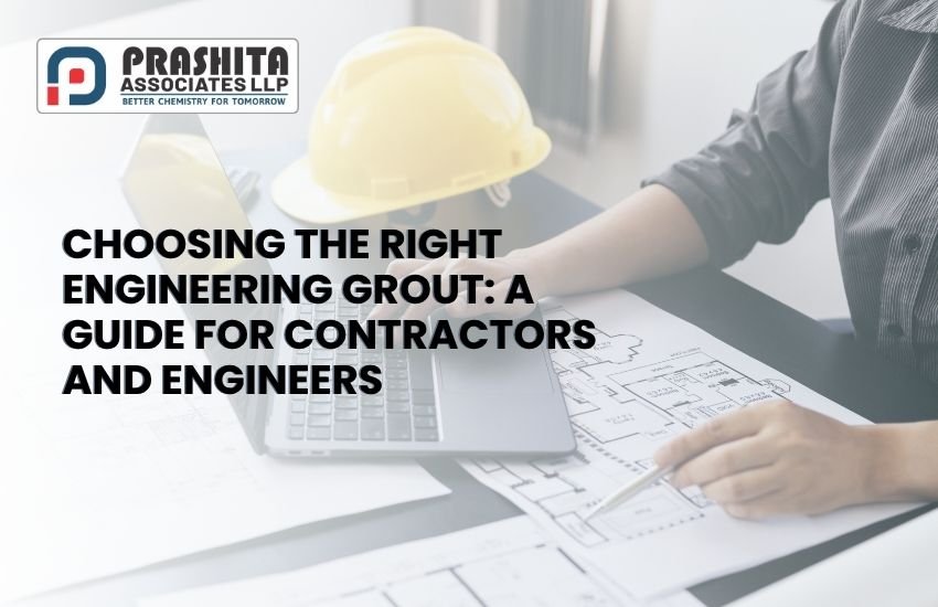 Person working on architectural blueprints with a laptop and safety helmet on the desk, representing construction planning. Text overlay reads: "Choosing the Right Engineering Grout: A Guide for Contractors and Engineers." Prashita Associates LLP logo with tagline "Better Chemistry for Tomorrow" is visible in the top-left corner.