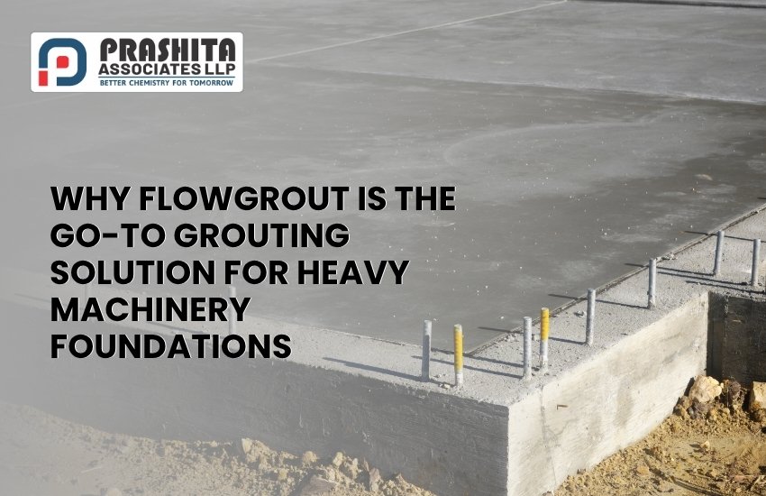 Freshly prepared concrete foundation with steel bolts, showcasing the ideal base for heavy machinery grouting using FLOWGROUT by Prashita Associates LLP.