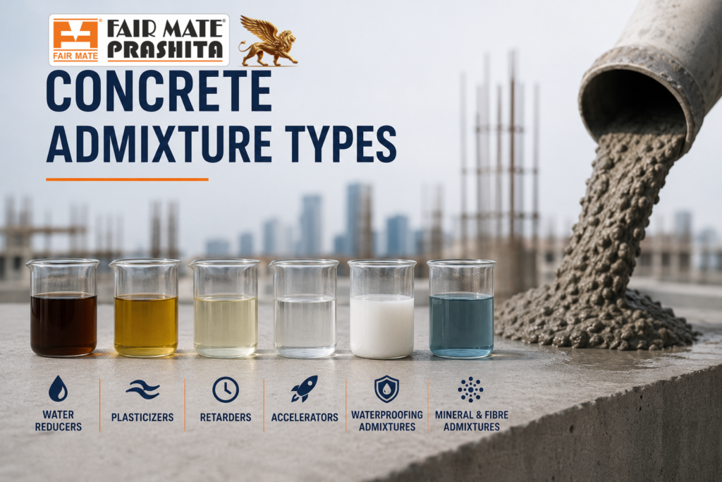 Concrete admixture types infographic showing water reducers, plasticizers, retarders, accelerators, waterproofing admixtures and mineral fibre admixtures for modern concrete construction by Fairmate Prashita.
